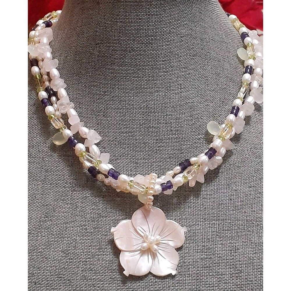 Lucas Lameth LUC 925 pearl & gemstone mix multi strand necklace plumeria pendant
